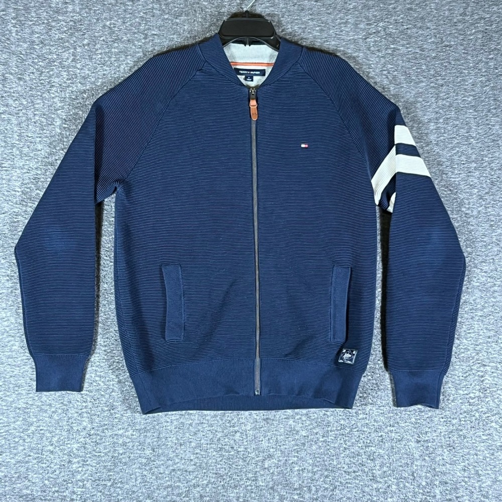 Tommy Hilfiger Mens Navy Ribbed Full Zip Bomber Jacket With Stripes Size Medium